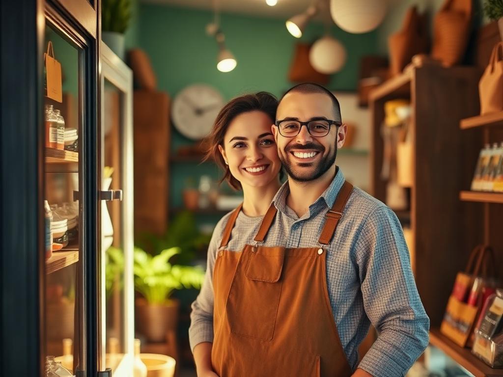 Local shop owners smiling in their store